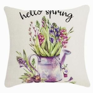 NEW SPRING/EASTER FLOWERS & WATERING CAN HELLO SPRING LINEN PILLOW COVER 17.7"